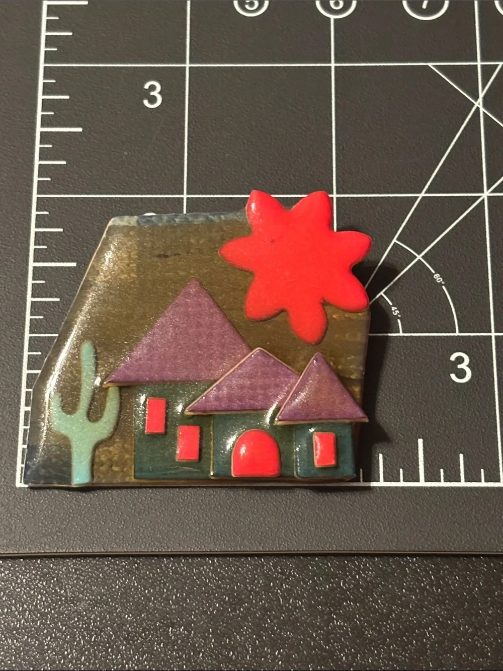 Vintage Resin House Pin Cactus, Red, Green, Purple, Yellow Cream Gold and Black